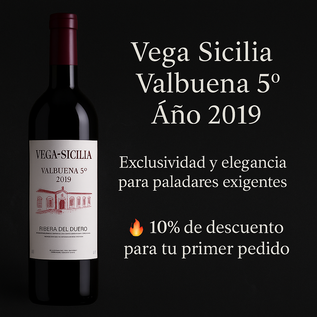 Botella de vino Vega Sicilia Valbuena 5º Año 2019 sobre fondo oscuro